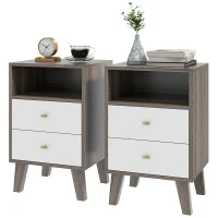 HOMCOM Nightstand Set of 2, Modern Bedside Table, Night Stand for Living Room with 2 Drawers and Open Storage, Grey(m-2)