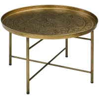 HOMCOM Vintage Coffee Table for Living Room, 24" Round Center Table with Hammered Tray Top and Metal Frame, Gold(m-11)