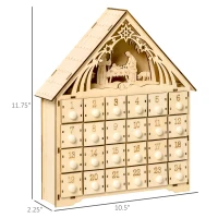 HOMCOM Christmas Advent Calendar, Light Up Manger Scene Tabletop Xmas Wooden House Holiday Decoration with Countdown Drawer, Bible Characters, for kids Adults(m-3)