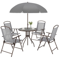 Outsunny 6 Piece Patio Dining Set for 4 with Umbrella, with 4 Folding Dining Chairs & Round Glass Table for Garden, Gray