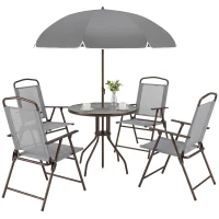 Outsunny 6 Piece Patio Dining Set for 4 with Umbrella, with 4 Folding Dining Chairs & Round Glass Table for Garden, Gray(m-1)