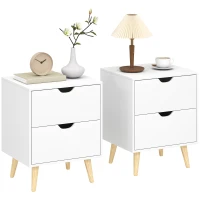 HOMCOM Modern Bedside Table Set of 2, Nightstand with 2 Drawers and Pine Wood Legs for Bedroom, White(m-9)