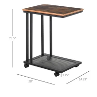 HOMCOM Mobile Sofa Side Table, C Shaped End Table Couch Table with Metal Mesh Shelf, Rolling Castors for Living Room, Bedroom, Rustic Brown(m-3)