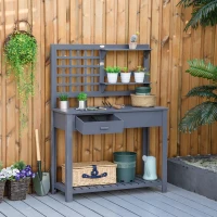 Outsunny Potting Bench Table, Garden Work Bench, Outdoor Wooden Workstation with Tiers of Shelves and Drawer, Grey(m-10)