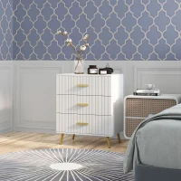 HOMCOM 3 Drawer Cabinet, Drawer Chest for Bedroom, Chest of Drawers with Aluminium Legs and Gold Handles, White(m-1)
