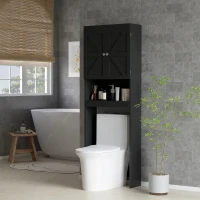 HOMCOM Over The Toilet Cabinet, Modern Bathroom Above Toilet Storage with Barn Doors and Open Shelf, Black(m-1)