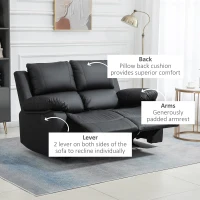 HOMCOM Double Reclining Loveseat, PU Leather Manual Recliner Sofa Chair with Thick Backrest, Padded Armrests, Footrest for Living Room, Black(m-5)