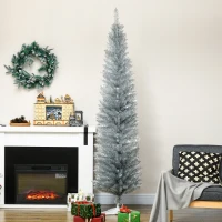 HOMCOM 7ft Unlit Pencil Artificial Christmas Tree with Realistic Branches and 499 Tips, Plastic Base, Silver(m-2)