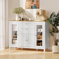HOMCOM 47" Sideboard, Buffet Cabinet with Rubber Wood Top, Glass Door, Kitchen Coffee Bar Cabinet with Drawers, Adjustable Shelving for Living Room, White(m-2)