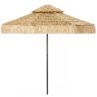 Outsunny 8.5 FT Hula Thatched Tiki Patio Umbrella, 2-Tier Tropical Hawaiian Style Outdoor Umbrella with 8 Ribs, UPF30+, Khaki(m-1)