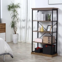HOMCOM 4-Tier Industrial Modern Style Open Standing Bookshelf Organizer Storage Rack for Living Room, Bedroom, Brown / Black(m-4)