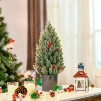 HOMCOM 18" Tall Unlit Miniature Snow-Flocked Tabletop Artificial Christmas Tree, Holiday Decoration with Pine Cones and Berries(m-2)