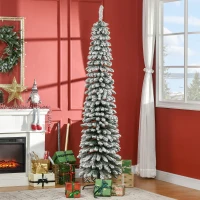 HOMCOM 7ft Snow-Flocked Artificial Christmas Tree, Slim Pencil Xmas Tree with 490 Realistic Branches, Metal Base, Green(m-1)