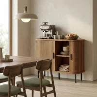 HOMCOM 35.4" Sideboard Buffet Cabinet with Storage, Nordic Coffee Bar Cabinet with Slatted Tambour Doors and Metal Legs, Walnut(m-2)
