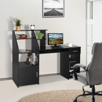 HOMCOM Computer Desk with Sliding Keyboard & Storage Shelves, Cabinet and Drawer, Home Office Gaming Table Workstation, Black Wood Grain(m-9)