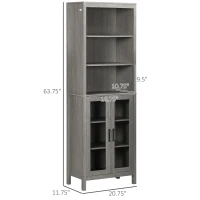 kleankin Tall Bathroom Storage Cabinet with 3 Tier Shelf, Glass Door Cabinet, Freestanding Linen Tower with Adjustable Shelves, Grey Wood Grain(m-3)