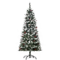 HOMCOM 5ft Decorated Christmas Tree with Red Berries and Pine Cones, Flocked Christmas Tree with Pencil Shape, Green(m-9)