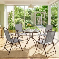 Outsunny 6 Piece Patio Dining Set for 4 with Umbrella, with 4 Folding Dining Chairs & Round Glass Table for Garden, Gray(m-8)