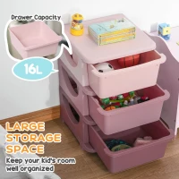 Qaba 3 Drawers Kids Storage Unit, 3 Tier Stackable Toy Organizers and Storage Chest for Bedroom, Nursery, Playroom, Living Room, Boys, Girls, Toddlers, Pink(m-4)
