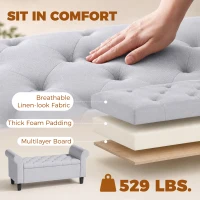 HOMCOM 47" Storage Ottoman Bench, Tufted End of Bed Bench with Rolled Arms, Safety Hinge, Wood Legs for Bedroom, Light Gray(m-7)