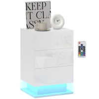 HOMCOM Modern LED Nightstand Bedside Table with Adjustable Colour Lighting & 3 Drawers, APP Control, Glossy White(m-9)