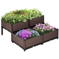 Outsunny Set of 4 Garden Raised Bed Kit, DIY Elevated Planter Box, Flower Vegetables Planting Container with Self-Watering Design and Drainage Holes for Indoor & Outdoor Use(m-2)