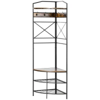 HOMCOM Industrial Corner Hall Tree with Shoe Bench, Entryway Coat Rack, Freestanding Coat Tree with 6 Double Hooks, Rustic Brown(m-22)