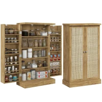 HOMCOM 41" Rattan Kitchen Storage Cabinet, Food Pantry Cabinet with 5-Tier Shelf, 12 Spice Racks, Adjustable Shelves, Natural(m-11)