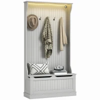 HOMCOM 3-In-1 Entryway Bench with LED Lights and Coat Rack, Hall Tree with Bench and Shoe Storage, 5 Hooks for Hallway Gray(m-11)