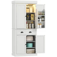 HOMCOM 71" Kitchen Pantry Cabinet with LED Lights, 6 Spice Racks, a Drawer and 4 Adjustable Shelves, White(m-9)