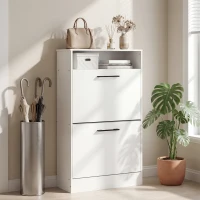 HOMCOM Shoe Cabinet 2 Flip Drawers Adjustable Dividers Shoe Storage Cabinet Top Shelf Entryway White(m-8)