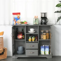 HOMCOM Sideboard Buffet Cabinet, Kitchen Cabinet, Coffee Bar Cabinet with 2 Framed Glass Doors, 2 Drawers and 2 Open Shelves for Living Room, Gray(m-7)