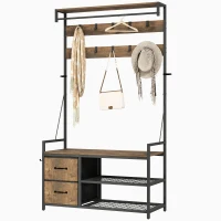 HOMCOM 6-In-1 Hall Tree with Shoe Storage, Coat Rack Shoe Storage with 10 Hooks, 2 Fabric Drawers, Rustic Brown(m-2)