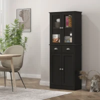 HOMCOM 61" Kitchen Pantry Cabinet, Freestanding Farmhouse Buffet Storage Cabinet with Soft Close Glass Doors and Adjustable Shelves, Black(m-8)