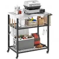 Outsunny Outdoor Grill Cart with Stainless Steel Top, Two-Shelf Pizza Oven Stand, Food Prep Table on Wheels, Black(m-9)