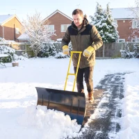 Outsunny Snow Shovel with Wheels, 29" Metal Snow Pusher with Adjustable Handle, 7-Angle Blade, Wear Strip for Driveway, Yellow(m-2)
