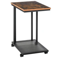 HOMCOM Mobile Sofa Side Table, C Shaped End Table Couch Table with Metal Mesh Shelf, Rolling Castors for Living Room, Bedroom, Rustic Brown(m-11)