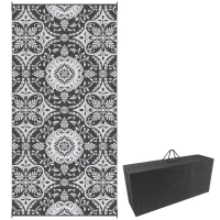 Outsunny Portable Outdoor Rug with Carry Bag, 9' x 18' Reversible Mat, Waterproof Plastic Straw RV Rug for Backyard, Deck, Picnic, Beach, Camping, Gray & White Flower(m-2)