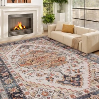 HOMCOM Area Rug 8x10, Machine Washable Rug, Non-Slip Boho Print Pattern Medallion Carpet for Living Room, Bedroom, Tawny Brown(m-11)
