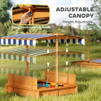 Outsunny Wooden Kids Sandbox with Cover, Sand Play Station with Foldable Bench Seats and Adjustable Canopy, Red(m-4)
