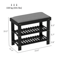 HOMCOM Bamboo Shoe Storage Bench, 3-Tier Entryway Bench with Cushion, Shoe Organizer for Entryway, Hallway, Black(m-3)
