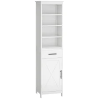 kleankin Tall Bathroom Storage Cabinet, Free Standing Bathroom Cabinet Slim Side Organizer w/ 3-Tier Open Shelf, Door, and Drawer, White(m-2)