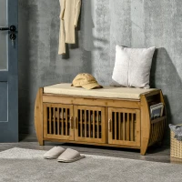 HOMCOM Shoe Bench with Storage Cabinets, Bamboo Entryway Bench with Seating Cushion, 3 Doors, Side Rack and Hidden Compartment for Hallway, Brown(m-10)