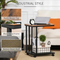 HOMCOM Mobile Sofa Side Table, C Shaped End Table Couch Table with Metal Mesh Shelf, Rolling Castors for Living Room, Bedroom, Rustic Brown(m-4)