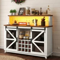 HOMCOM 55" Coffee Bar Cabinet with Lights, Farmhouse Wine Cabinet with Wine and Glass Racks for Kitchen, Dining Room, White(m-11)