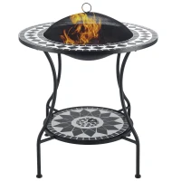 Outsunny 30" Outdoor Fire Pit Dining Table, 3-in-1 Round Wood Burning Fire Pit Bowl, Patio Ice Bucket with Storage Shelf, Spark Screen Cover for BBQ, Bonfire, Camping, Mosaic(m-1)