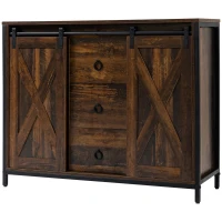 HOMCOM Industrial Buffet Cabinet, Kitchen Sideboard with Sliding Barn Doors, Three Drawers and Adjustable Shelves, Rustic Brown(m-13)