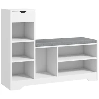 HOMCOM Upholstered Shoe Storage Bench w/ Seat, Entrance Bench w/ Drawer and 6 Open Shelves for Hallway, White(m-9)