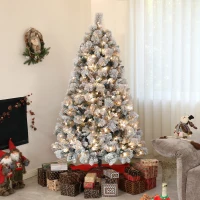 HOMCOM 6.5 ft Prelit Flocked Artificial Christmas Tree with 350 Clear Lights, 1107 Tips, Metal Stand for Home Office Holiday(m-2)