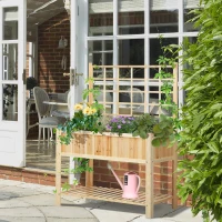 Outsunny 47" Wooden Raised Garden Bed with Trellis, Coutryside Style Elevated Planter Box Stand with Open Storage Shelf, Spacious Planting Area for Vegetables, Herbs, Flowers(m-10)